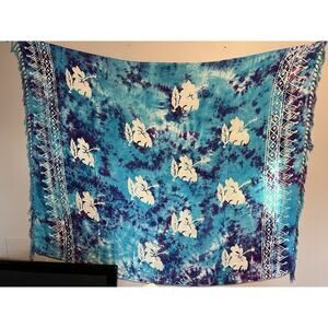 Hawaiian Hibiscus Flowers Fringed Blue Tye Dye Tapestry and Matching Smaller One